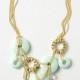 Chained Discs Bib Necklace - Pale Green Handmade Necklace with Gold Chain 