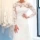 White Lace Illusion Neckline, Long Sleeved Wedding Dress 