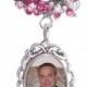 Memorial Photo Brooch Oval Metal Charm Old World Pink Crystals Gems - FREE SHIPPING