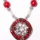 Wedding Bouquet Memorial Photo Oval Metal Charm Cherry Red Crystal Gems Pearls Diamond Tibetan Beads - FREE SHIPPING