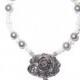 Wedding Bouquet Memorial Photo Oval Antiqued Silver Filigree Metal Charm Black Onyx Crystal Gems Pearls - FREE SHIPPING