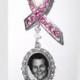Pink Ribbon Memorial Brooch with Silver Photo Charm Crystals - FREE SHIPPING