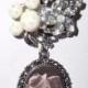Memorial Photo Brooch Silver Victorian Floral Crystal Gems Robin Egg Pearls Beads - FREE SHIPPING