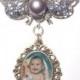 Memorial Photo Brooch Butterfly Silver Pearl Bronze Crystal Blue Gems - FREE SHIPPING