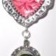 Memorial Photo Charm Brooch Pinkish Red Rose Silver Heart - FREE SHIPPING