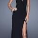 La Femme 20433 Jeweled Top Black High Slit Jersey Gown