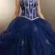 Navy Embroidered Satin and Tulle Quinceanera Dress