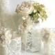 3 Piece Lace Covered Mason Jars With Adorable Lace Flowers 1 Vase And 2 Candle Holder, Wedding Decor Gift Or For You NEW