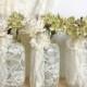 3 Ivory Lace Covered Jar Vases - Bridal Shower Decoration , Wedding Decor, Home Decoration Gift Or For You