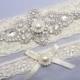 Ivory Bridal Garter Set, Kristallrhinestone-Perlen Andenken / Toss Strumpfbänder, Weiß / Elfenbein Stretch-Spitze-Hochzeit Strum