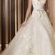 Narrow neck ivory wedding dress with floral laces