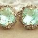 Clear Mint Green Seafoam Crystal Stud Petite Vintage Earring - 14k 1 Micron Thick Plated Gold Post Earrings Real Swarovski Rhinestones
