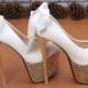 White Super High Heels Bridal Wedding Shoes with Rhinestones Heels and Cute Back Bow Detail 