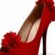Red Satin Wedding Shoes With Flowers