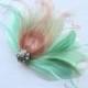 IVY Mint Green And Bush Pink Peacock Feather And Crystal Veil Hair Clip, Feather Fascinator, Bridal Hair Piece