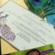 JONATHA Peacock Themed Wedding Invitations In Deep Purple Chartreuse Green And Gold