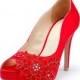 Rote Hochzeits-Heels Mit Roter Blume Stickerei-Spitze, rote Hochzeits-Schuhe mit roter Spitze, rote Hochzeits-Heels, rote Hochze