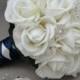 Silk Flower Bridal Bouquet Real Touch Roses Rhinestone White Navy Blue