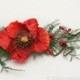 Festive Red Flower And Dried Fern Hair Comb Fashion Accessory Wedding Hair Comb