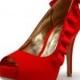 Red Wedding Shoes, Red Ribbon Bridal Heels, Red Bridal Peep Toe Pumps, Red Ribbon Heels, Red Wedding Shoes.