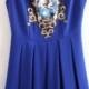 Blue Sleeveless Vintage Floral Pleated Chiffon Dress - Sheinside.com