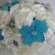 Bride And Bridesmaid Bouquets/Boutonnieres Set: Ivory, Tiffany Blue/aqua Fabric Flowers