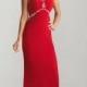 Long Red Jersey Beaded Open Back Prom Dress