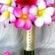 Real Touch Plumerias And Rose Pink Hibiscus Bouquet Accented With Clear Crystal Centers