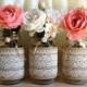 burlap and lace covered 3 mason jar vases wedding deocration, bridal shower, engagement, anniversary party decor