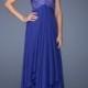 Indigo Strapless Jewel Adorned Lace Top Tiered Chiffon Prom Dress
