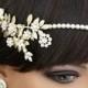 Art Deco Bridal Headpiece, Gold Bridal Halo, Leaves, Pearl Headband, Forehead Band IVY Head Piece