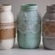 Set Of 3 Painted & Distressed Mason Jars With Lace And Burlap, Farmhouse Decor, Rustic Wedding Decor, Shabby Chic Wedding, Shabby Chic Decor
