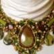 Boho Beaded Necklace, Green And Brown Beaded Collar, Yellow Turquoise Teardrop Cabochon And Briolette Beads