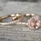 SET - Morganite Engagement Rings In 14K Rose Gold Halo Diamond Setting