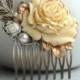 Wedding Hair Accessory. Bridal Comb. Shabby Antiqued Ivory Gold Rose Hair Comb. Cream Rose Gold, Leaf, Pearl Hair Comb. Bridesmaid Gift