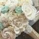 Handmade Natural Wedding Bouquet- Small Ivory Mint Bridal Bridesmaid Bouquet, Rustic Wedding, Alternative Bouquet, Keepsake Bouquet
