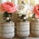 3 Burlap And Lace Covered Mason Jar Vases Wedding Deocration, Bridal Shower, Engagement, Anniversary Party Decor