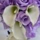 Calla Lilys Et Lavande Roses Wedding Bouquet en cascade