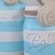 Aqua Blue And White Striped Painted Mason Jars Rustic Summer Decor Painted Jars Beachy Decor