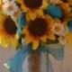 Rustikale Sonnenblume-Blumenstrauß Land Süd-Braut Bouquet Rose Federn Leinwand Gänseblümchen-Türkis-Blau Teal weiß gelb Blume im