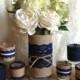 navy blue rustic burlap and lace covered vase and 6 tea candles