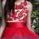 Red Floral Embellished Nude Underlay Waist Ribbon Zipper Back Dress