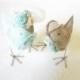 Love Birds Mint Green Wedding Cake Topper Bride And Groom Rustic Mr&Mrs Linen Fabric Figurines Ready To Ship