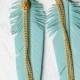 Turquoise Leather Feather Earrings With Gold Colored Chain