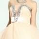 Peach Short Ruched Jeweled Sheer Insert Neckline Strapless Prom Dress Online