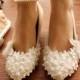 New Women White High Heel Flower Ankle Strap Wedding Lace Pearl Bride Shoes