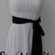 White Short Strapless Ruched Top Bridesmaid Dress with Black Waistband