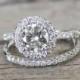 SET - 7mm Moissanite Diamond Halo Engagement Ring In 14K White Gold