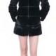 Black faux mink fur with leather stitching women hip-length coat
