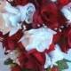 8pc APPLE RED WHITE Silk Wedding Flowers Bridal Bouquet Roses Set